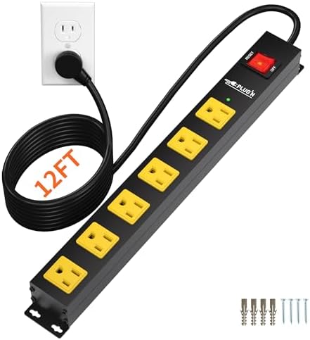 6 Outlet Power Strip 2700J Surge Protector, Heavy Duty Power Strips with 12FT Long Cord and Flat Plug, Wall Mountable Metal Strip for Desk, Garage, Workbench and Kitchen