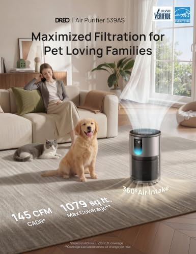 DREO Pet Air Purifier, Home HEPA Air Cleaner with Wi-Fi/Voice/Alexa, Smoke, Dust, Pollen, Odor, PM2.5 Quality Monitor, 4 Speeds & Auto/Turbo/Sleep Mode, DR-HAP009AS, DREO 539AS, Pearl Silver