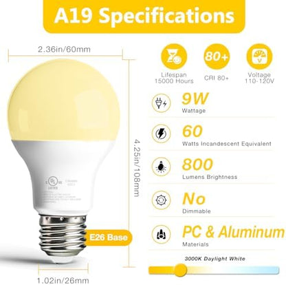 dalattin 24 Pack A19 LED Bulbs,9W Equivalent 60 Watts,E26 Base, Warm White 3000K,800 LM,Non-Dimmable,Efficient Energy Saving Lights for Living Room,Office,80+ CRI,120V, UL Listed