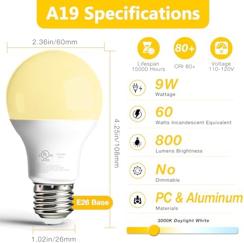 dalattin 24 Pack A19 LED Bulbs,9W Equivalent 60 Watts,E26 Base, Warm White 3000K,800 LM,Non-Dimmable,Efficient Energy Saving Lights for Living Room,Office,80+ CRI,120V, UL Listed