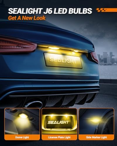 SEALIGHT 194 LED Light Bulb Amber Yellow 168 T10 W5W 2825 Super Bright 360° LED Replacement Bulbs 3020SMD for License Plate Light, Dome Light, Map Light, Courtesy Light, Side Marker Lights, Pack of 6