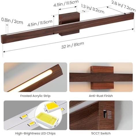 Modern Bathroom Light Fixtures Over Mirror, 32 Inch Brown Wood Finish Vanity Light Bar 26W Dimmable 5CCT LED Vanity Lights for Bathroom Wall Lighting Fixtures Over Mirror