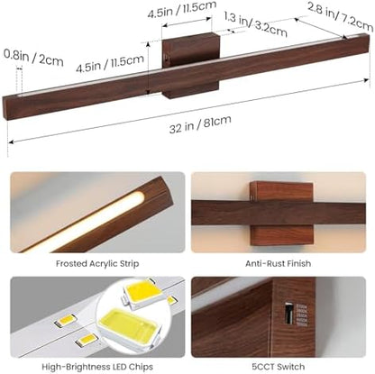 Modern Bathroom Light Fixtures Over Mirror, 32 Inch Brown Wood Finish Vanity Light Bar 26W Dimmable 5CCT LED Vanity Lights for Bathroom Wall Lighting Fixtures Over Mirror