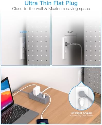5Ft Extension Cord with Multiple Outlets, Flat Plug Power Strip Surge Protector with 5 Ft Long Cord, 6 Outlet 4 USB Ports (2 USB C), Multi Outlet Wall Plug for College, Dorm Room Essentials(Grey)