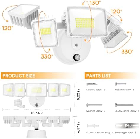 Onforu 150W 15000LM Dusk to Dawn Outdoor Lighting,5 Heads Plug in Flood Lights,6500K Super Bright Automatic White Outdoor Lighting,IP66 Waterproof Hardwired LED Security Lights for Garage,Yard,Outside