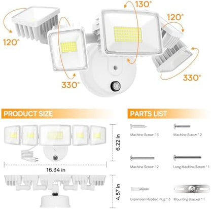 Onforu 150W 15000LM Dusk to Dawn Outdoor Lighting,5 Heads Plug in Flood Lights,6500K Super Bright Automatic White Outdoor Lighting,IP66 Waterproof Hardwired LED Security Lights for Garage,Yard,Outside