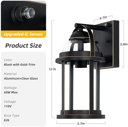 OKELI Dusk to Dawn Outdoor Wall Lights, Waterproof Lighting Fixtures Rustic Farmhouse Wall Lanterns with Clear Glass Shades Anti-Rust Outside Lights for House(Black with Gold-Trim, 2 Pack)