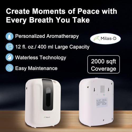 Waterless Essential Oil Diffuser for Home and Commercial, 13.5 fl.oz. Capacity Up to 2000 sqft, Smart Scent Air Machine, Aromatherapy Scent Diffuser for Large Room, Bluetooth, Cold Air, Milas-D