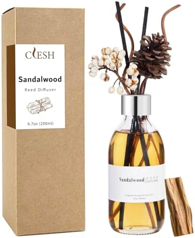 Clesh Reed Diffuser Set, 6.7 oz Sandalwood Scented Diffuser with Sticks, Home Fragrance Reed Diffuser for Bathroom Shelf Decor