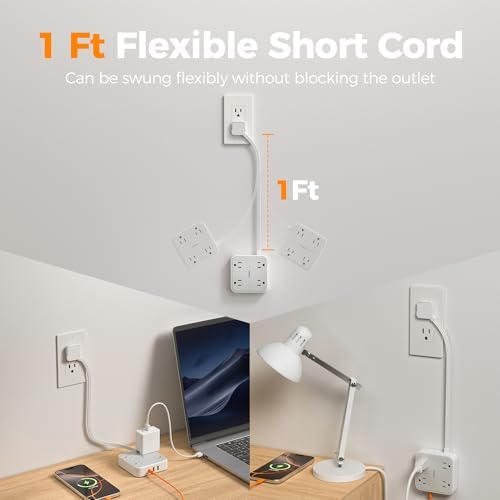 TESSAN Surge Protector Flat Extension Cord 1 Ft, Ring Plug Power Strip
