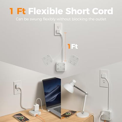 TESSAN Surge Protector Flat Extension Cord 1 Ft, Ring Plug Power Strip