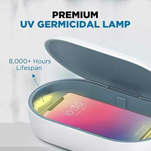 UV Light Sanitizer Box with Wireless Charging, 8 UV-C LED Lights for Phones, Toothbrushes, Nail Tools, Jewelry, and More (Blue)
