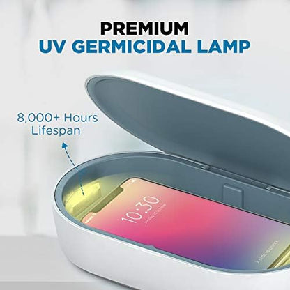 UV Light Sanitizer Box with Wireless Charging, 8 UV-C LED Lights for Phones, Toothbrushes, Nail Tools, Jewelry, and More (Blue)