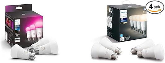 Philips Hue Smart 60W A19 LED Bulb - White and Color Ambiance Color-Changing Light - 3 Pack - 800LM & Smart 60W A19 LED Bulb - Soft Warm White Light - 4 Pack - 800LM - E26 - Indoor