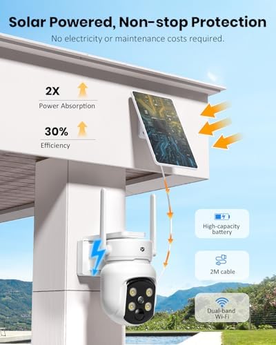 Security Cameras Wireless Outdoor, Solar Camera with 2-in-1 Solar Panel, 4MP PTZ WiFi Camera, 360° Coverage, Dual-Band 2.4/5GHz, Color Night Vision Spotlight, Human Detection, No Monthly Fee, 2 Packs
