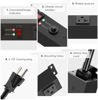 JUNNUJ Long Metal 16 Outlet Power Strip,Wide Spaced Wall Mount Metal Multiple Plugs for Industrial Garage Shop,Power Strip Surge Protection 4800J, 5-15P High Amp 6-20R T-Slot (Black, 6FT)