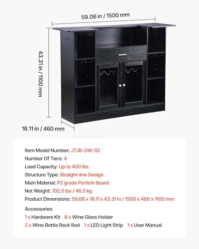 VEVOR Home Bar Unit, Wine Bar Cabinet Table 4-Tier with Storage Drawer Shelves, Wine Glass Holder, Bottle Rack, LED Light, Wood & Metal Liquor Cabinet for Home, Basement, Kitchen, Living Room, Black