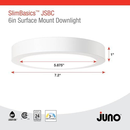 Juno Slim Basics 6 Inch LED Ceiling Light, Low Profile Surface Mount Downlight for Shower or Closet Lighting, 3000K/4000K/5000K Selectable White Light, Edged Trim, Wet Rated, Matte White