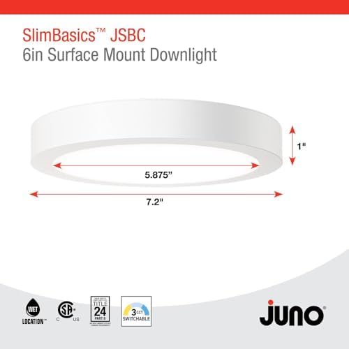 Juno Slim Basics 6 Inch LED Ceiling Light, Low Profile Surface Mount Downlight for Shower or Closet Lighting, 3000K/4000K/5000K Selectable White Light, Edged Trim, Wet Rated, Matte White, 6 Pack