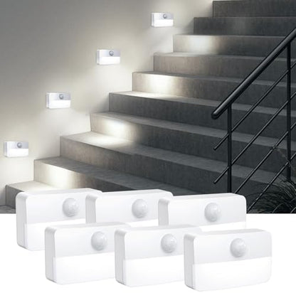 AMIR 6 Pack Mini Motion Sensor Stair Light for Indoor, Battery-Powered LED Night Light, 40 Lumen 6500K, Cordless Closet Lights, Safe Lights for Stairs, Hallway, Bathroom, Kitchen, Cabinet