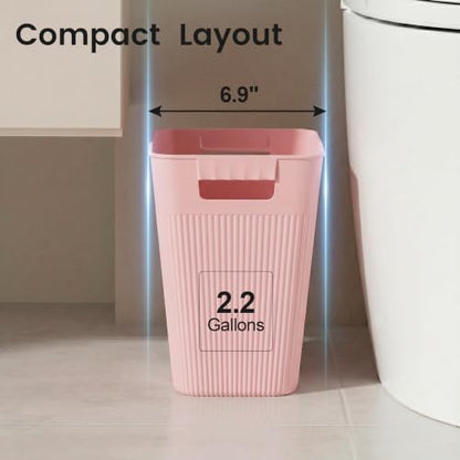 JOYMOOP Slim Trash Can 3-Pack, 2.2 Gallon Plastic Wastebasket for Bathroom, Bedroom, Office, Kitchen with 4 Rolls Bags, Pink