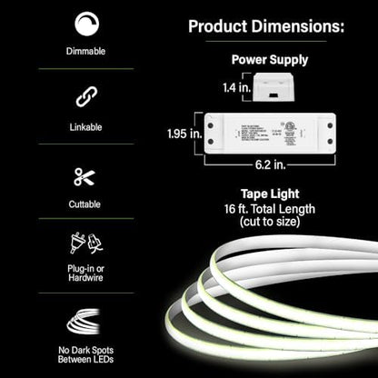 Feit Electric 16 ft LED COB Tape Light, 2950 Lumens Total, 3000K Bright White, Dimmable with Included Remote, Plug-in or Direct Wire Installation, Ultrathin Continuous Strip Lighting, TAPE192/COB/LED