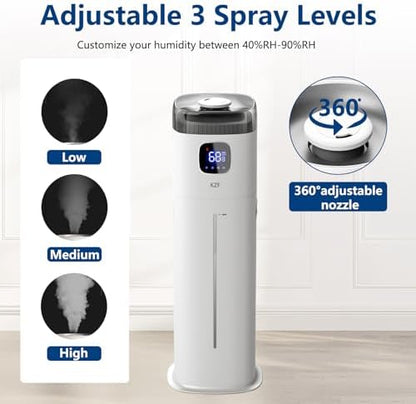 KZF Large Humidifier for Bedroom, 9L/2.5Gallon Ultrasonic Cool Mist Humidifier with Humidistat, 360°Nozzle, 350ML/H Big Mist Level, Suitable for Kids Room Livingroom Yoga Office Plant，White