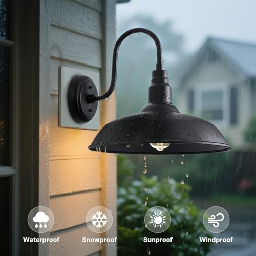 16 Inch Gooseneck Light Fixture for Barn Door, 2 Pack Large Barn Lights for Front Porch, Black Outdoor Farmhouse Light with Goose Neck Arm, Exterior Wall Dome Lighting for House Garage