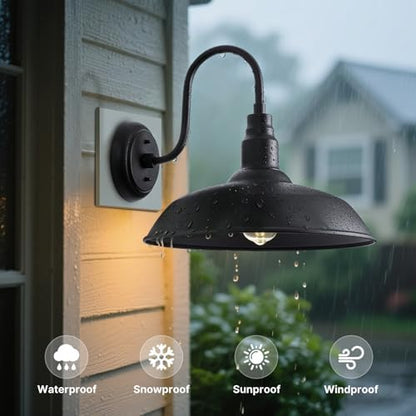 16 Inch Gooseneck Light Fixture for Barn Door, 2 Pack Large Barn Lights for Front Porch, Black Outdoor Farmhouse Light with Goose Neck Arm, Exterior Wall Dome Lighting for House Garage