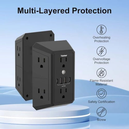 Multi Plug Wall Outlet Surge Protector with 6-Outlet & 4 USB Ports(2USB-C)