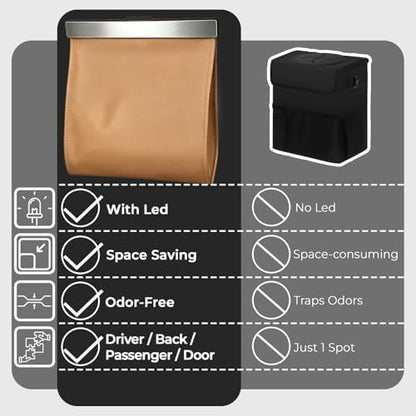 Leather Car Trash Can with Smart LED Light & Magnetic Closure, Leakproof