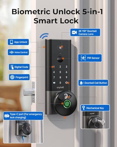Fingerprint Smart Door Lock, ANYBELL Keyless Entry Door Lock with Camera, Built-in Wi-Fi Deadbolt for Front Door, Auto Lock, Cloudege App Control, Night Vision & Two-Way Audio, Home Security
