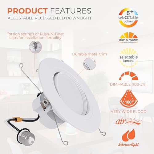 HALO RA 6 inch LED Recessed Light Trim with Adjustable Gimbal, Selectable Lumens and Selectable Color Temperature, Dim-to-Warm Feature, Damp Location Rated RA56LS9FSD2W1EWH (Pack of 4)
