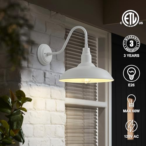 2 Pack 14in Barn Gooseneck Lights for House, White Outdoor Farmhouse Wall Light Fixture for Porch, Exterior Patio Wall Sconce for Front Door, Garage