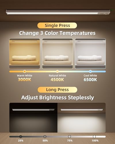 EZVALO 16.5'' Under Cabinet Lighting Wireless, 3Pack Rechargeable Closet Lights, LED Motion Sensor Indoor, Dimmable & 3 Color Temps Battery Operated with Power Display, for Kitchen, Stairs, Bookshelf