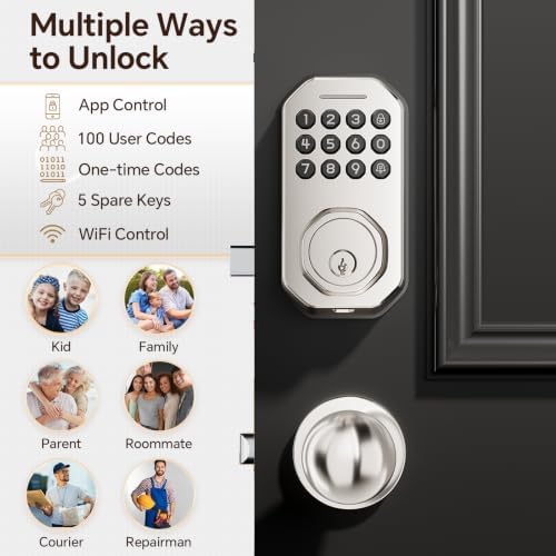 Ulecoce SL02W WiFi Keyless Entry Door Lock with Knob Set, Satin Nickel