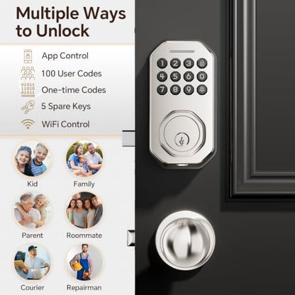 Ulecoce SL02W WiFi Keyless Entry Door Lock with Knob Set, Satin Nickel