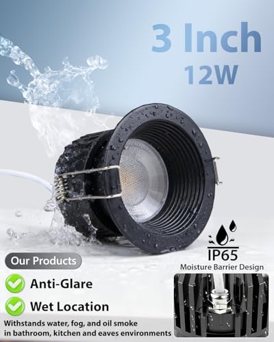 Adetu 12 Pack 3 Inch Black 5CCT Anti-Glare LED Downlight, Recessed Light