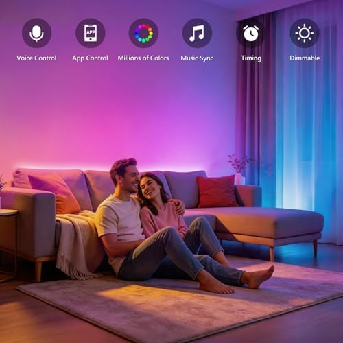 FONEWE Smart WiFi LED Lights 200 ft Remote Control Through APP Led Strip Lights Supports Alexa and Google Assistant Timing Function RGB Color Changing LED Lights for Bedroom and Party