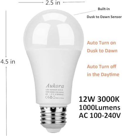 Dusk to Dawn Light Bulb, Aukora Smart Sensor LED Light Bulb, 12W (100-Watt Equivalent), 3000Kelvin, E26 Base Automatic On/Off Led Bulb Outdoor/Indoor for Porch Garage Patio Garden(Warm White, 3 Pack)