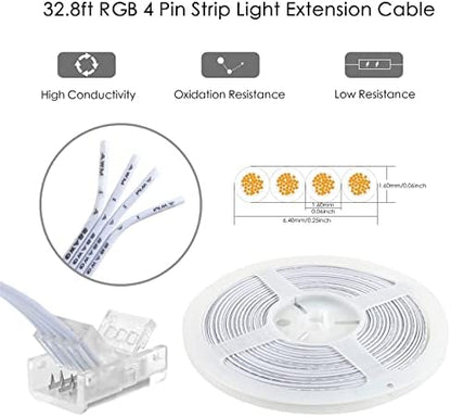 RGBZONE 10Pcs 4 Pin 10mm LED Strip Connectors and 32.8FT 4 Pin RGB Extension Cable Strip to Wire Quick Connection for 10mm Wide Waterproof or Non-Waterproof SMD RGB 5050 LED Strip Light(IP20/IP65)