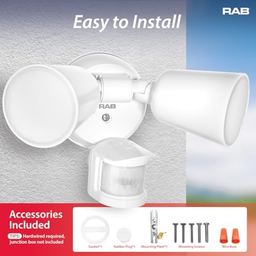 RAB Lighting LU160 Luminator Motion Sensor Outdoor Lights - Flood Light for Security - Outside Dusk to Dawn Photocell, 3000k–5000k Tunable, IP65 Weatherproof Rating, 160°Coverage, 50 Ft Range (White)