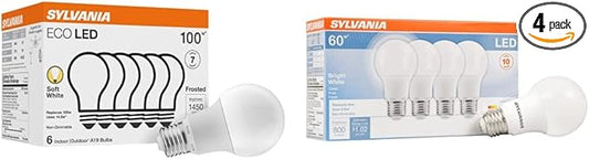 Sylvania ECO LED A19 Light Bulb, 100W Equivalent, Soft White - 6 Pack & LED Light Bulb, 60W Equivalent A19, Efficient 8.5W, Medium Base, Frosted Finish, 800 Lumens, Bright White - 4 Pack