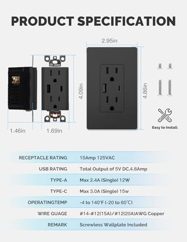 MOES USB Wall Outlet 15 Amp, USB-C and USB-A 24W Charging, Black, 1 Pack