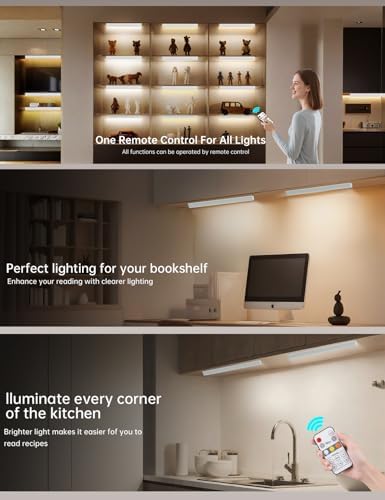 LED Under Cabinet Lighting Wireless, 2400mAh Rechargeable Cabinet Light, Battery Operated, Display Cabinet Lights, Stick on, 3-Color Shelf Lights, dimmable, with Remote Control(White, 2-Pack 12.2inch)