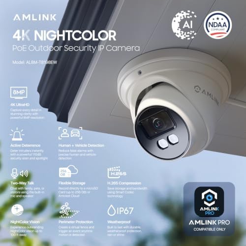 AMLINK 4K POE Camera, 8MP Outdoor Turret Security IP Camera, 100ft Color Nightvision, AI Human/Vehicle Detect, Built-in Mic Speaker, MicroSD Recording (256GB), 105° FOV, 4K@20FPS AL8M-T8198EW