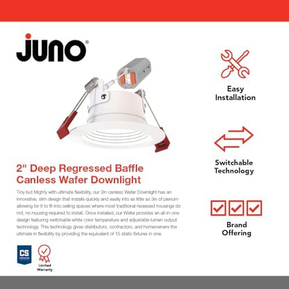 Juno WF2 Dreg B ALO25 SWW5 90CRI 120 MW M6 Canless Wafer Recessed LED Downlight, Deep Regressed Baffled Trim Style, 2-Inch, Matte White