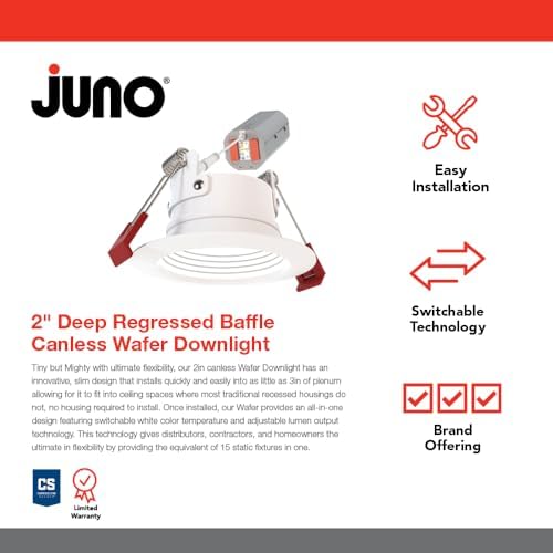 Juno WF2 Dreg B ALO25 SWW5 90CRI 120 MW M6 Canless Wafer Recessed LED Downlight, Deep Regressed Baffled Trim Style, 2-Inch, Matte White
