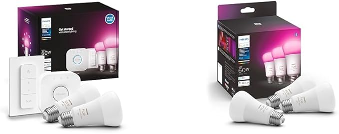 Philips Hue Smart Light Starter Kit - Includes (1) Bridge, (1) Dimmer Switch & Smart 60W A19 LED Bulb - White and Color Ambiance Color-Changing Light - 3 Pack