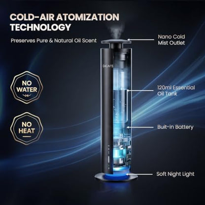 Cordless Waterless Diffuser for Essential Oils - Rechargeable Hotel Scent Diffuser for Large Room up to 1000 Sq Ft, App, Remote & Timer, Night Light, Includes 2 x 120ml Oils